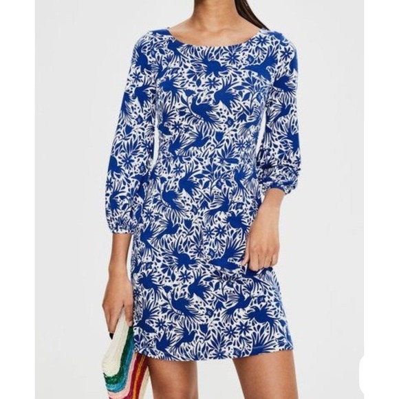 Boden Dresses & Skirts - Boden Lucie Jersey Blue White Bird Floral Print 3/4 Sleeve Tunic Dress Sz 6